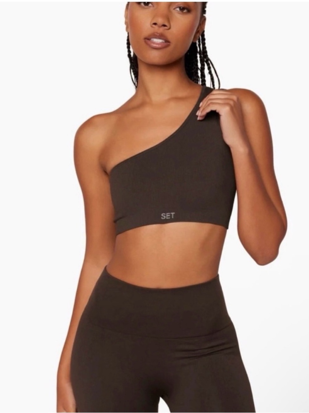 SET Active One-Shoulder Crop Top in Dark Brown